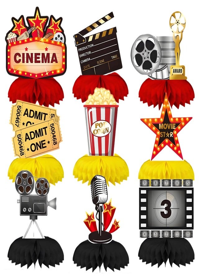 Oiuyamn 9Pcs Movie Night Party Honeycomb Centerpieces Decorations, 3D Movie Theme Birthday Table Topper, Hollywood Party Decor - Image 1